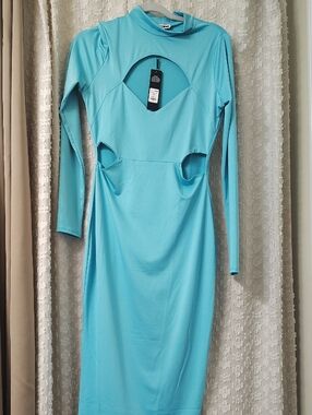 Fashion Nova Turquoise Long Sleeve Cutout Bodycon Dress